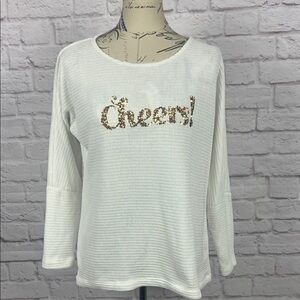 Chenault White Waffle Knit Top with Gold Sequin "Cheers!"